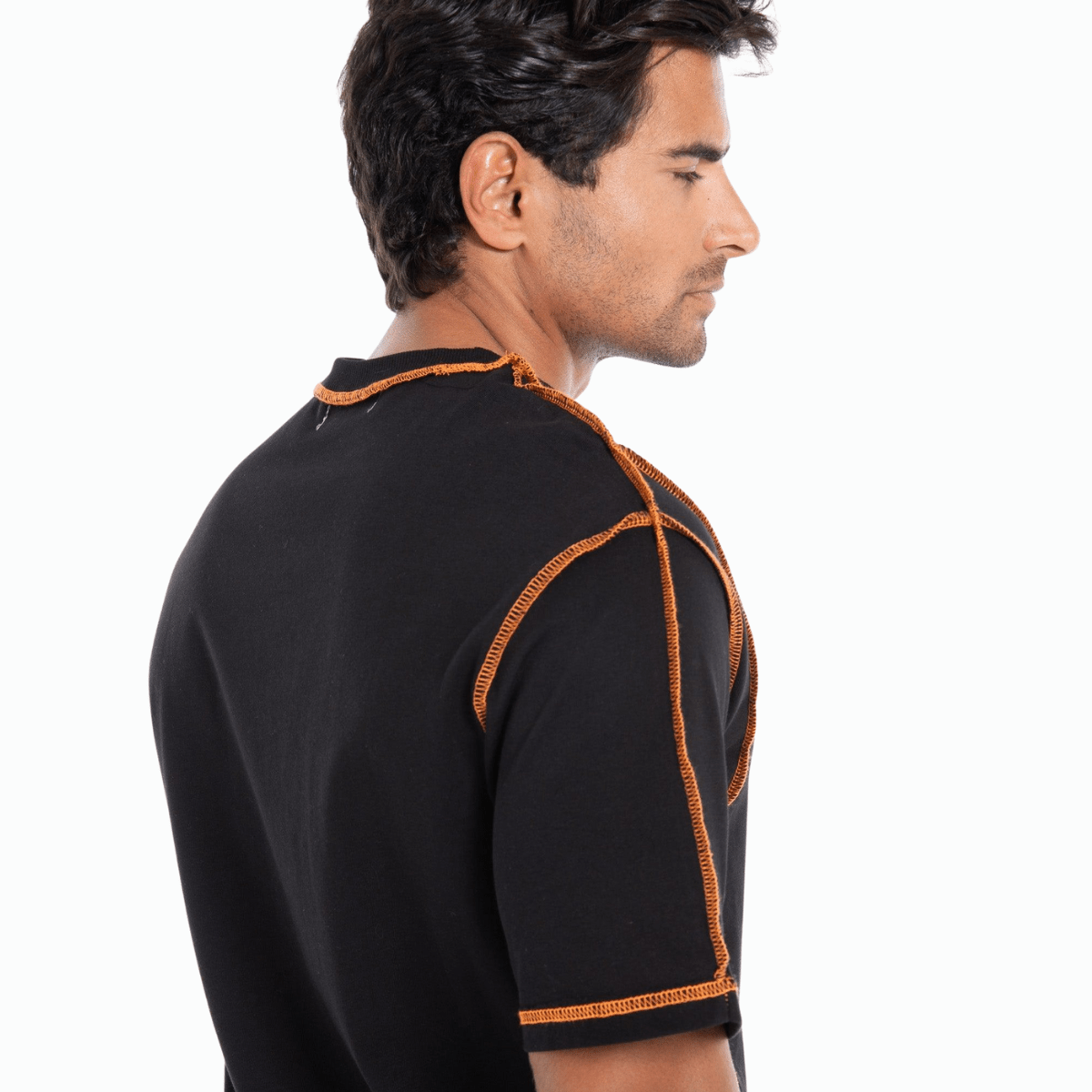 Casual Black Orange Contrast-Stitch T-Shirt for Men
