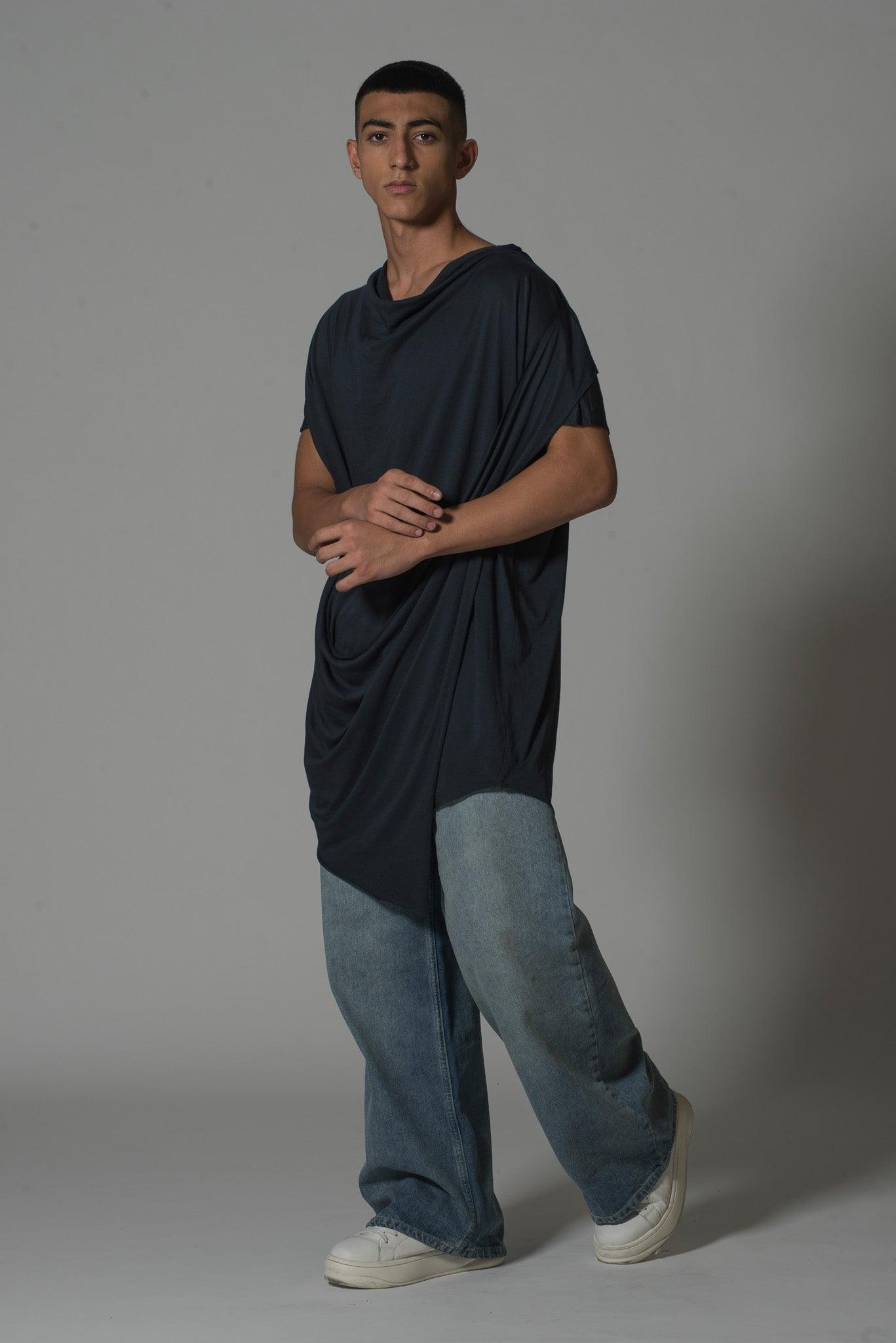 Men’s Draped Asymmetric Longline T-Shirt – FM Signature Streetwear