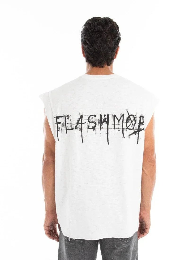 Men’s Sleeveless White Drop Shoulder Oversized T-Shirt