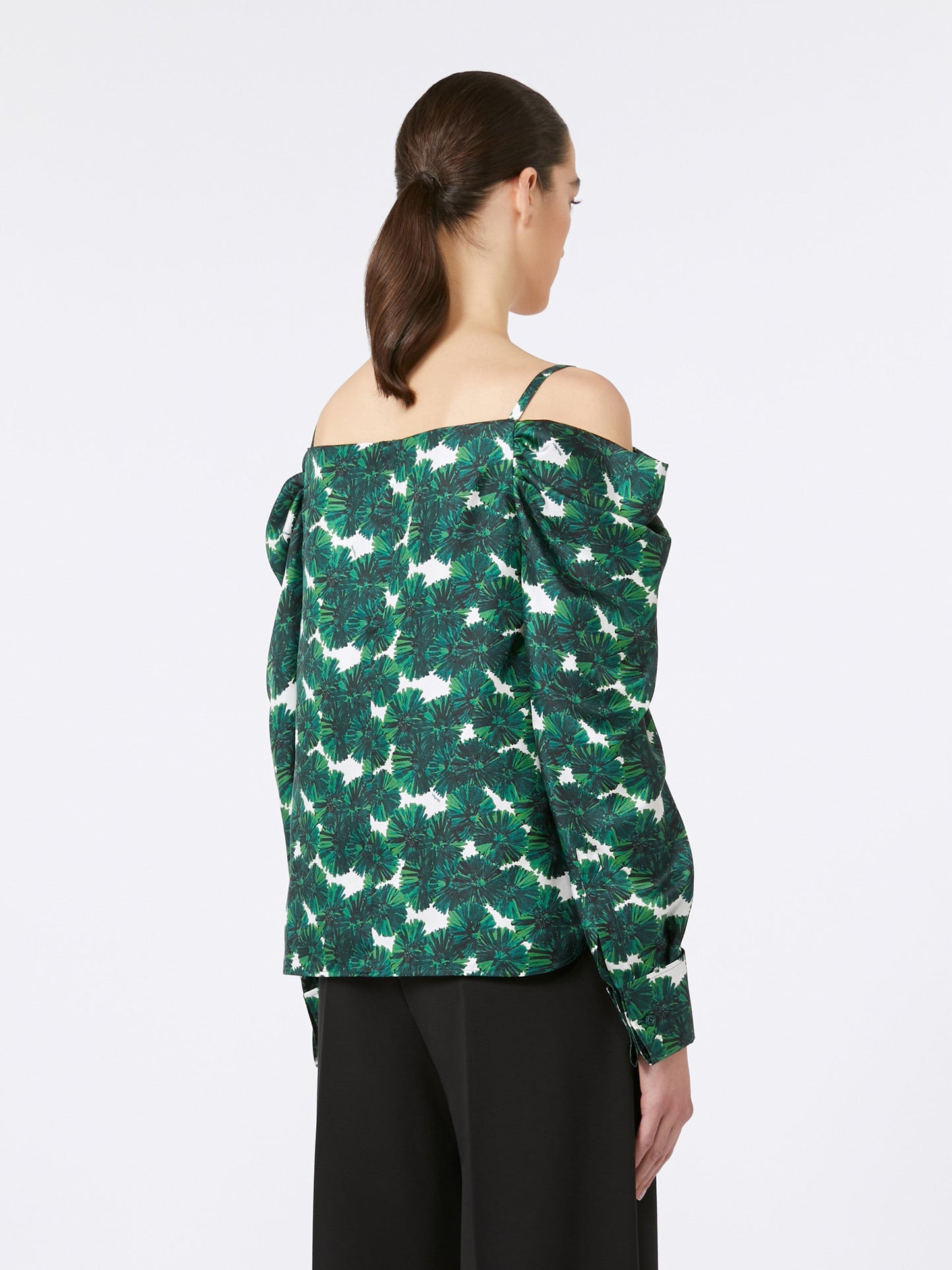 Printed silk off-the-shoulder blouse