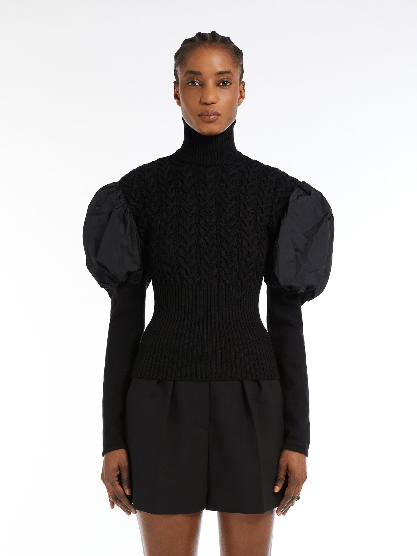 Wool jumper with taffeta sleeves