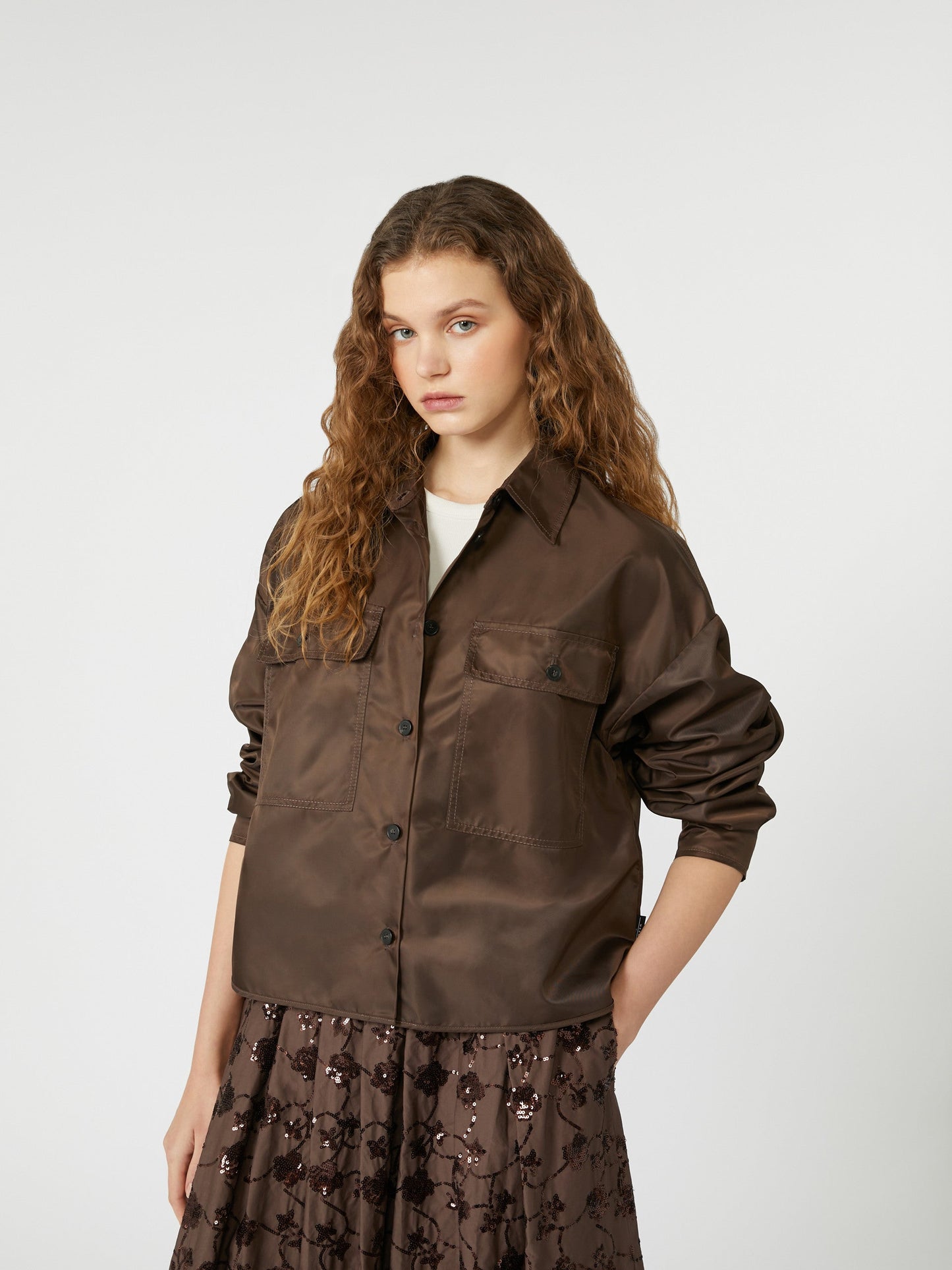 Water-repellent twill cropped shirt
