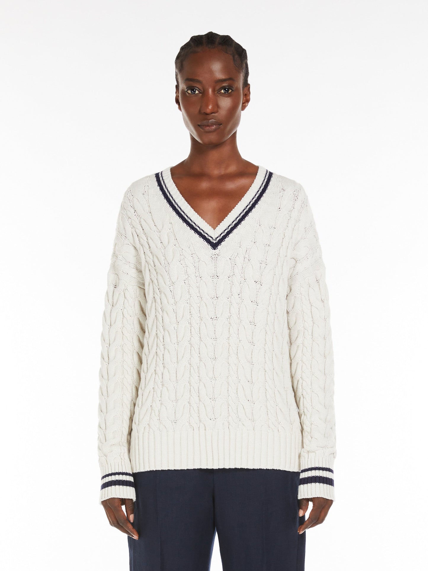 Jacquard cotton V-neck sweater