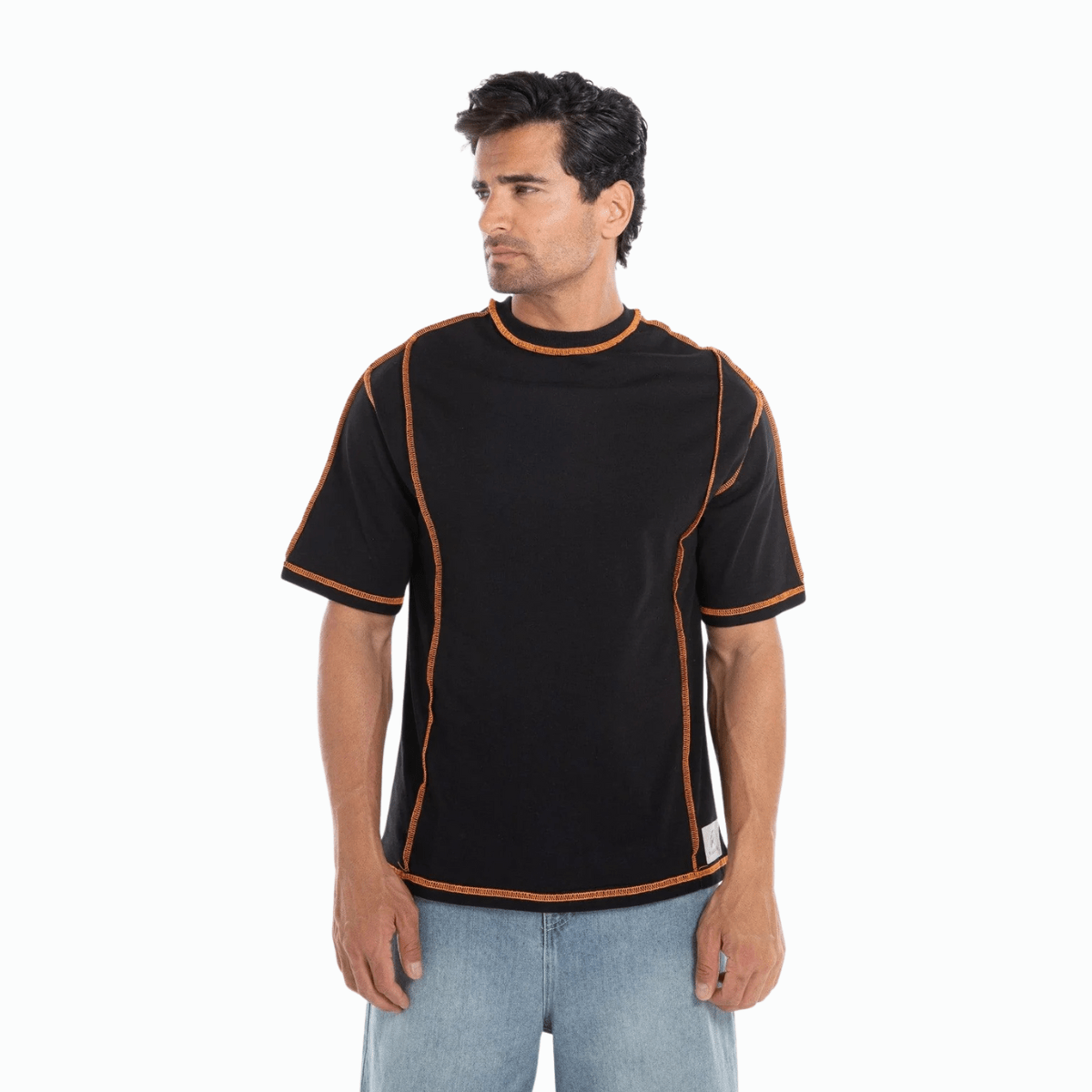 Casual Black Orange Contrast-Stitch T-Shirt for Men