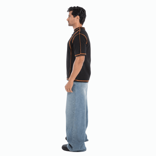 Casual Black Orange Contrast-Stitch T-Shirt for Men