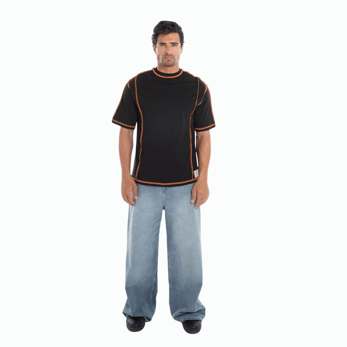 Casual Black Orange Contrast-Stitch T-Shirt for Men