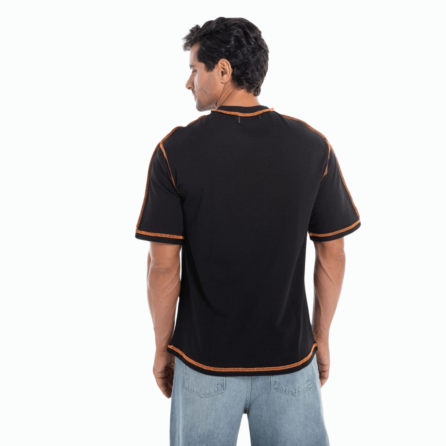 Casual Black Orange Contrast-Stitch T-Shirt for Men
