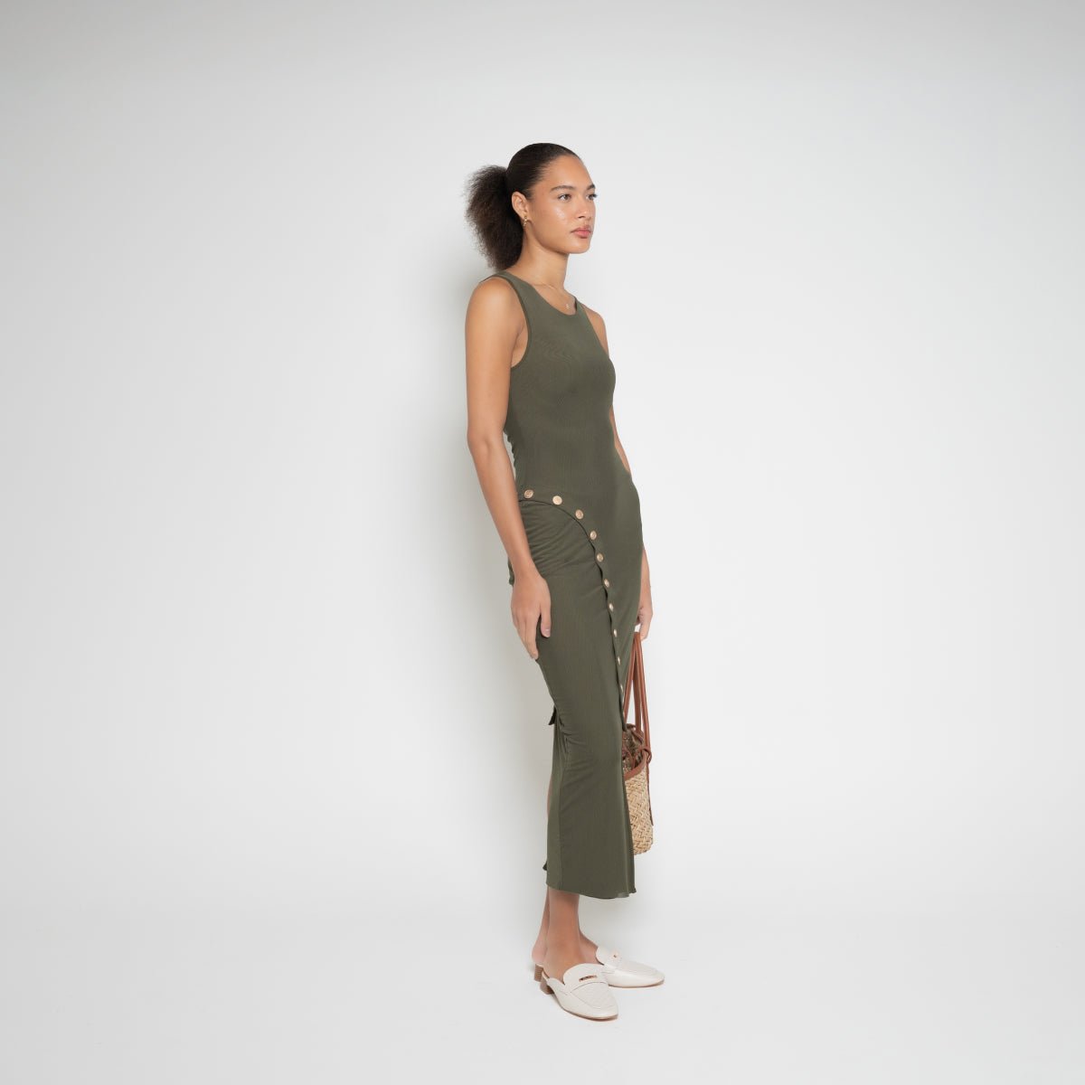 FM Buttoned Maxi Dress – Sleeveless Asymmetric Cut in Lightweight Fabric