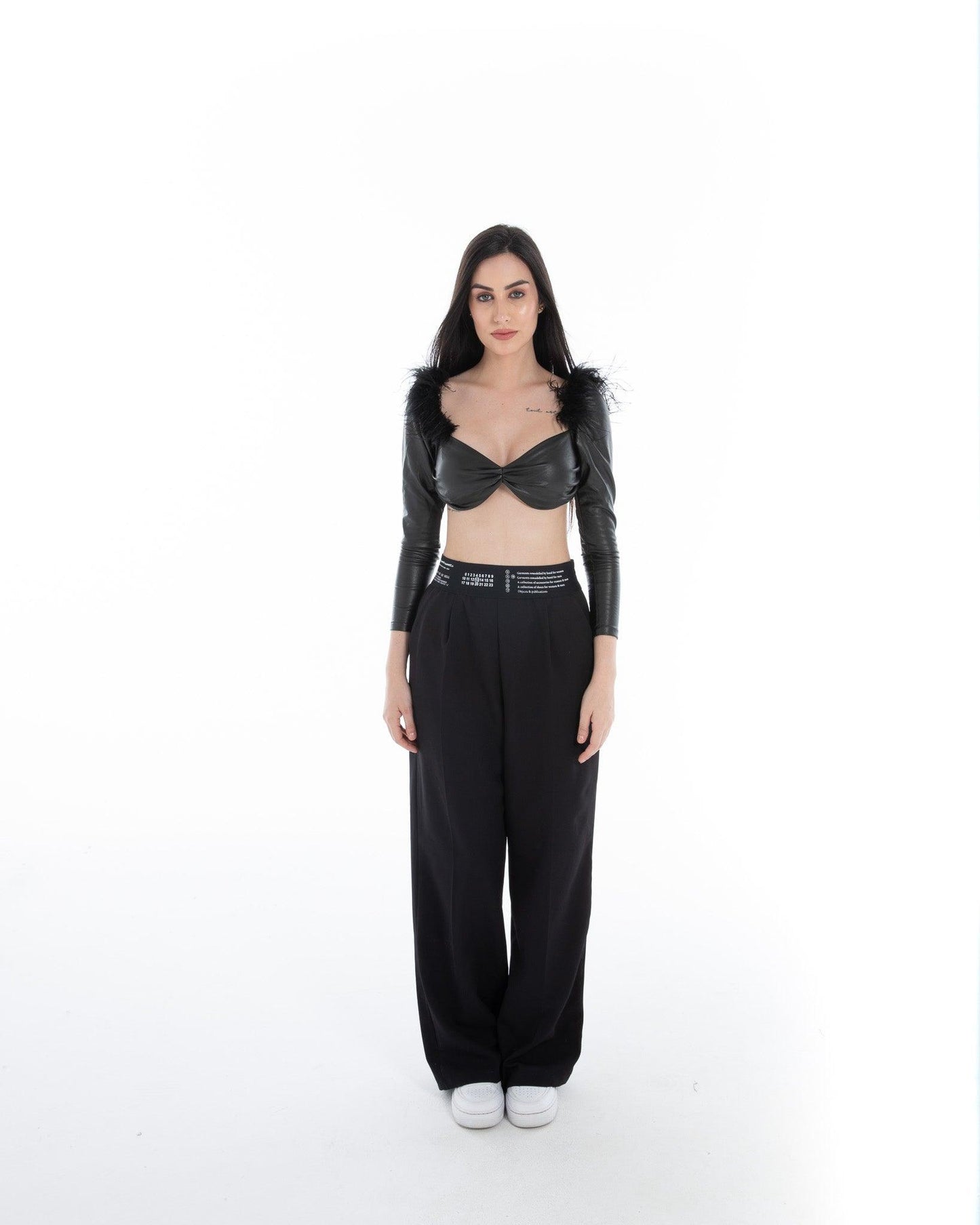 Women’s Black Faux Leather Feather Crop Top – FM Statement Streetwear