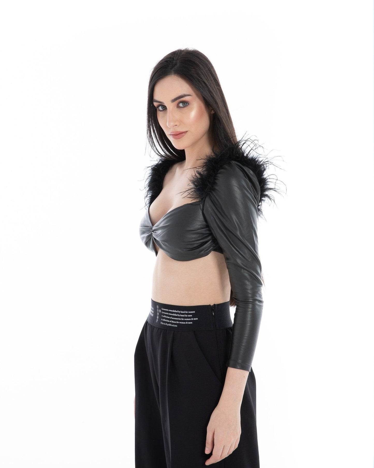 Women’s Black Faux Leather Feather Crop Top – FM Statement Streetwear