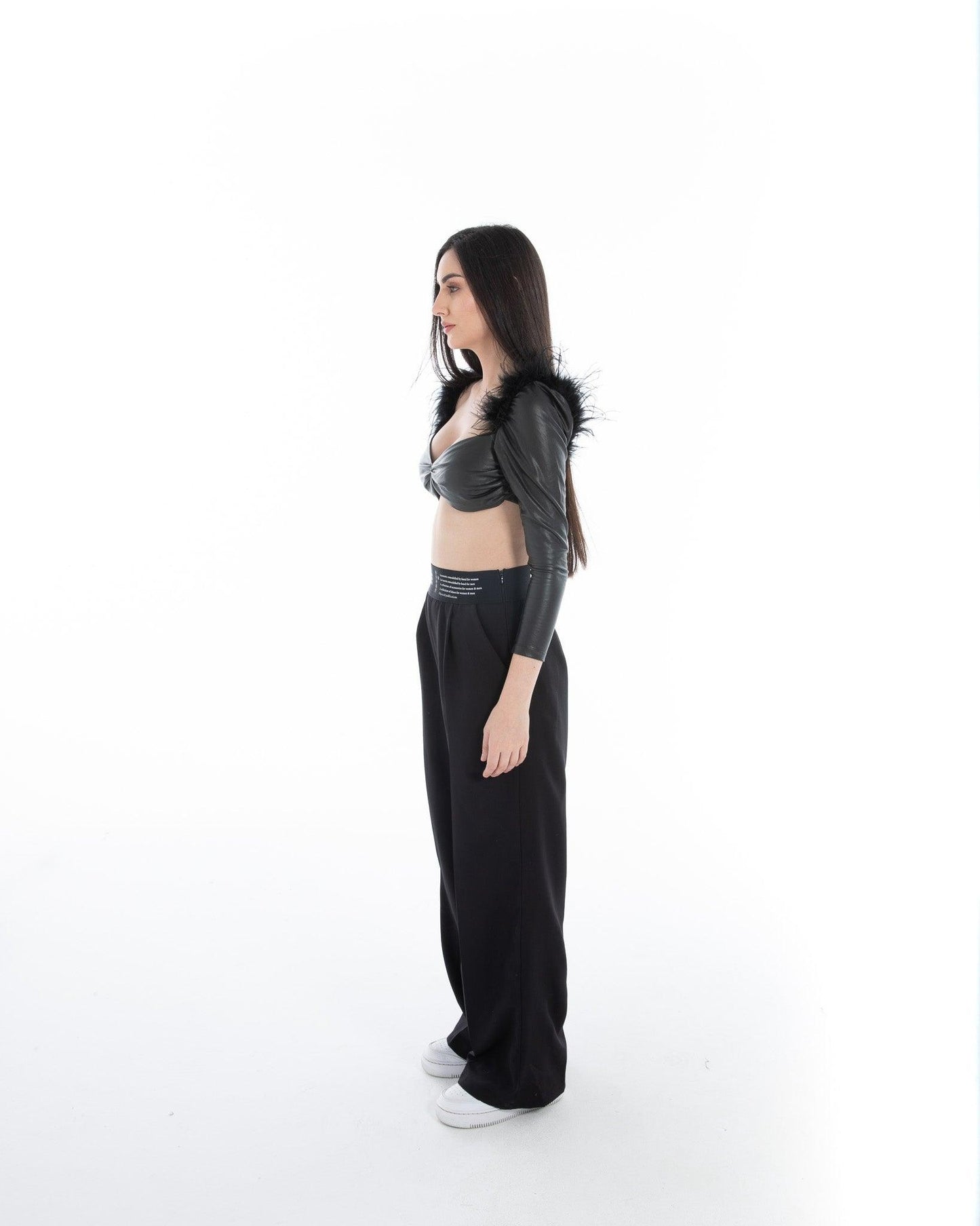 Women’s Black Faux Leather Feather Crop Top – FM Statement Streetwear