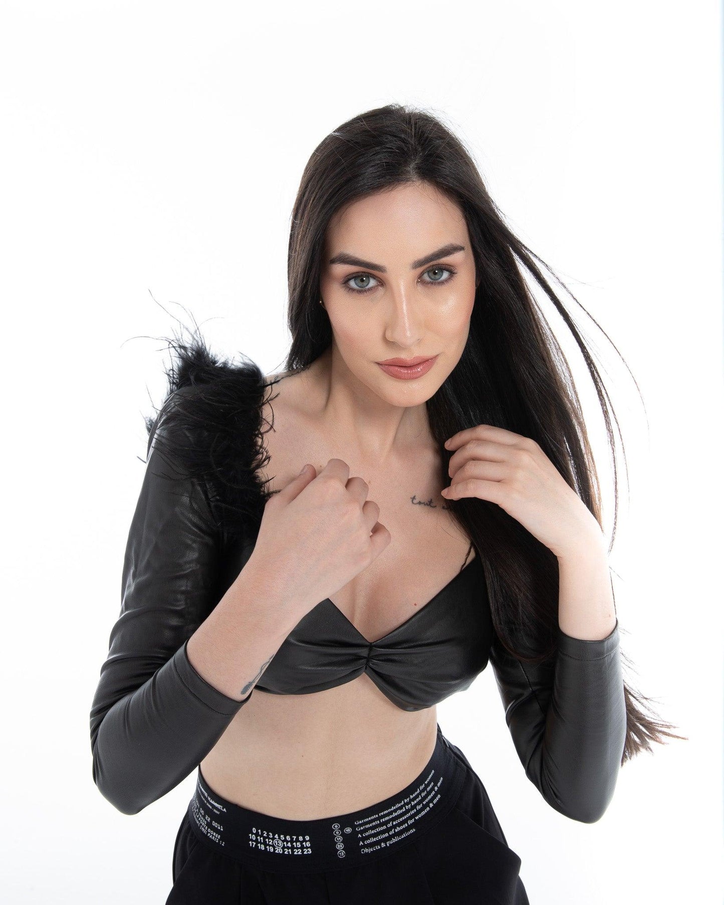 Women’s Black Faux Leather Feather Crop Top – FM Statement Streetwear