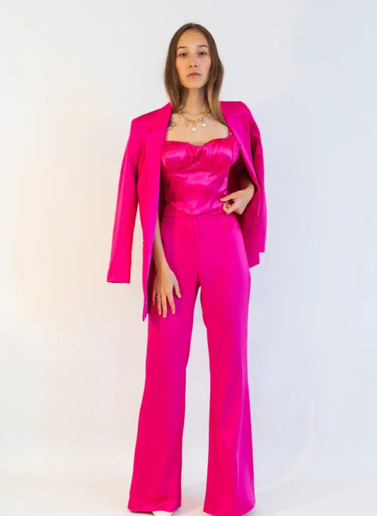 Hot Pink Satin Co-ord Set with Jacket for Women