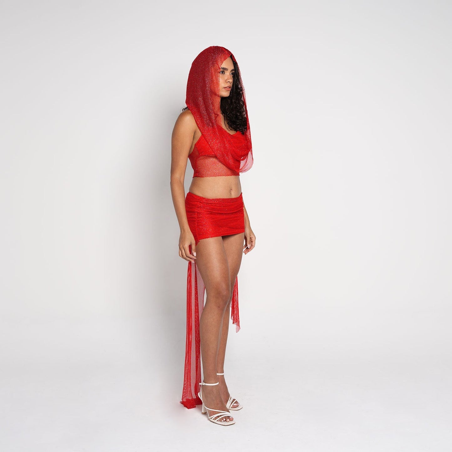 Mesh Hooded Ruched Skirt Set