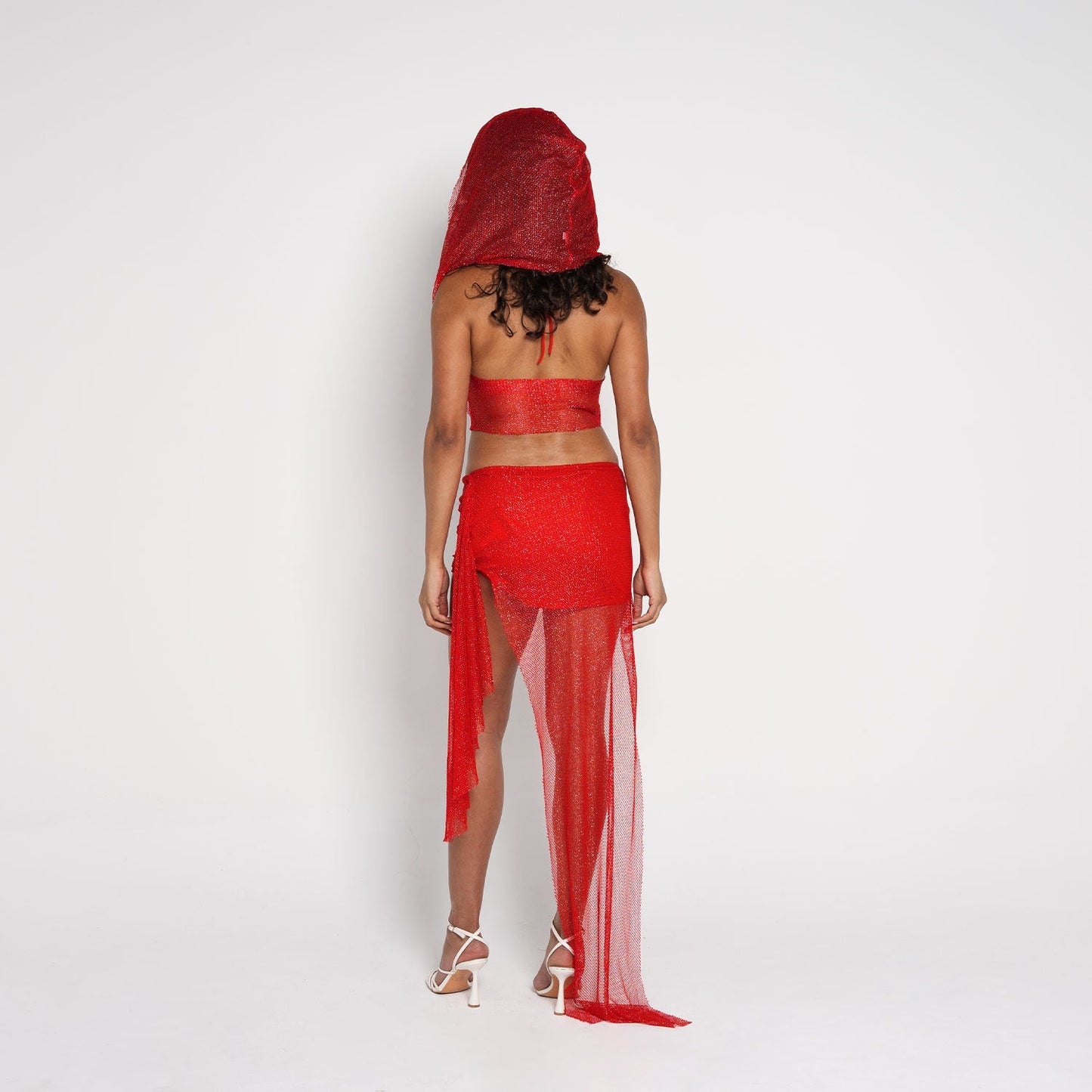 Mesh Hooded Ruched Skirt Set