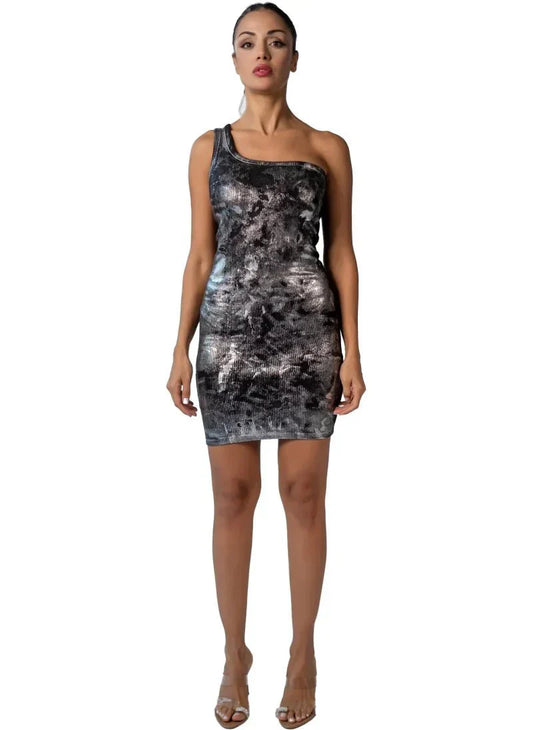 One-Shoulder Foil-Print Bodycon Dress for Women