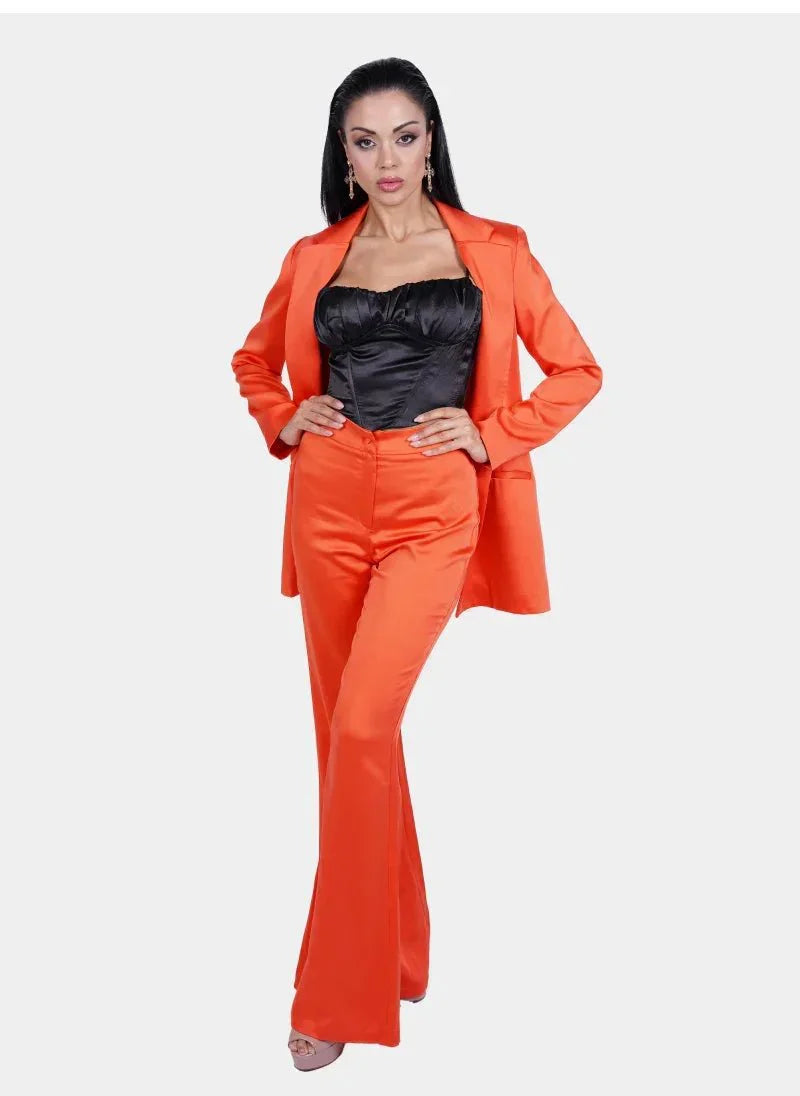 Orange Satin Deep V Suit for Women