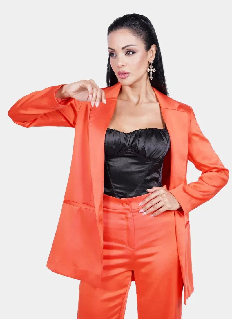 Orange Satin Deep V Suit for Women