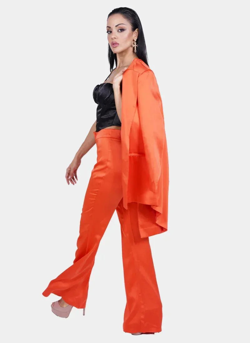 Orange Satin Deep V Suit for Women