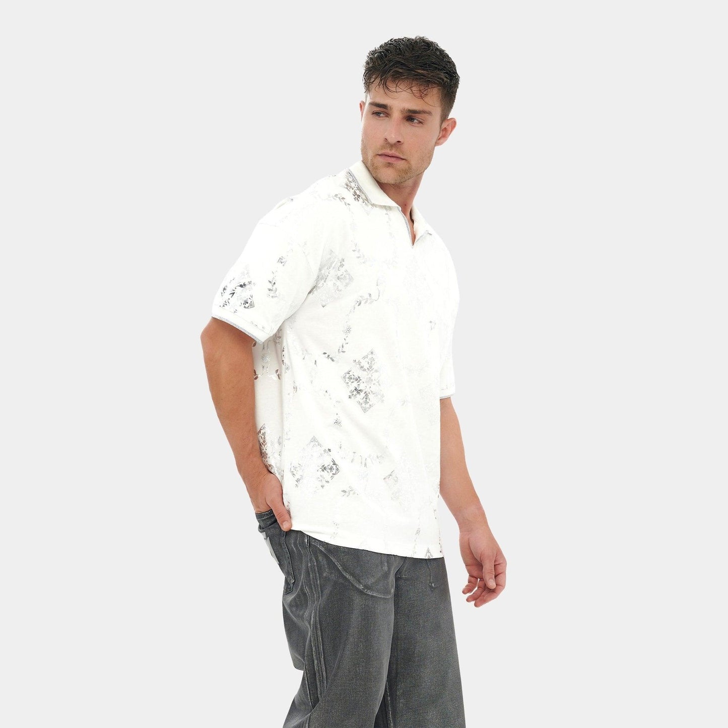 Printed White and Silver Reflective Collared Shirt – FM Streetwear