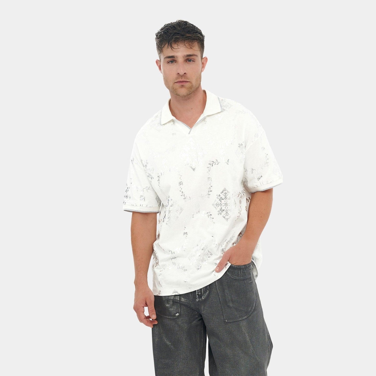 Printed White and Silver Reflective Collared Shirt – FM Streetwear