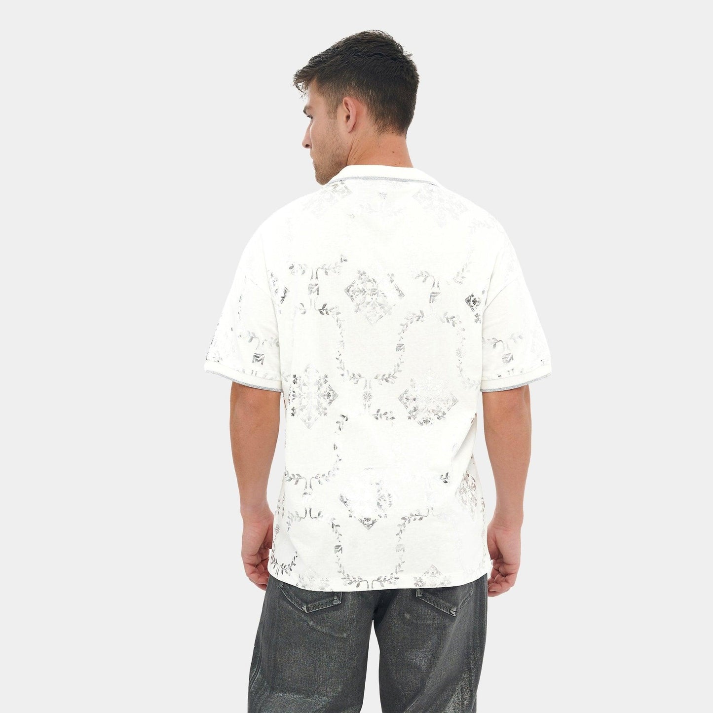 Printed White and Silver Reflective Collared Shirt – FM Streetwear