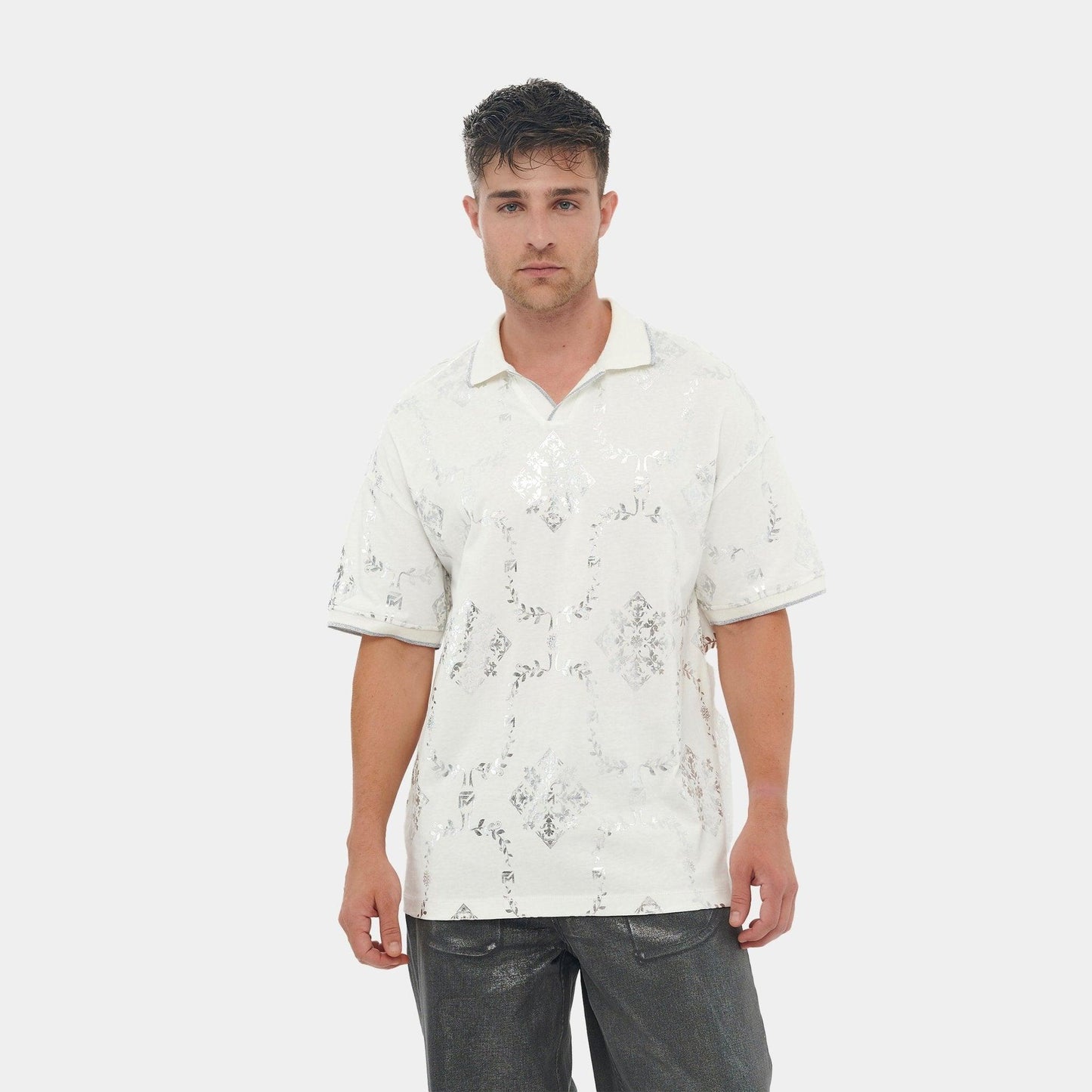 Printed White and Silver Reflective Collared Shirt – FM Streetwear