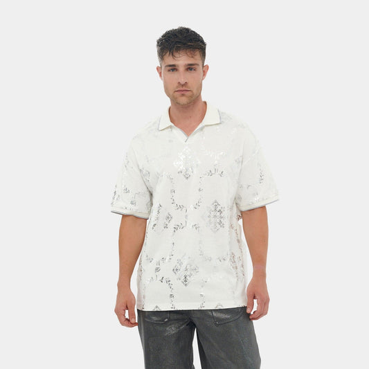 Printed White and Silver Reflective Collared Shirt – FM Streetwear